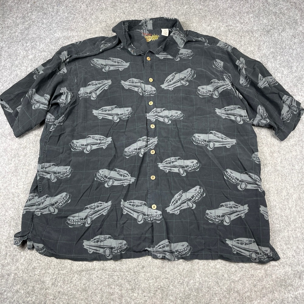 Vintage Caribbean Silk Button Down Shirt Mens 3XLT Charcoal Classic Car Print